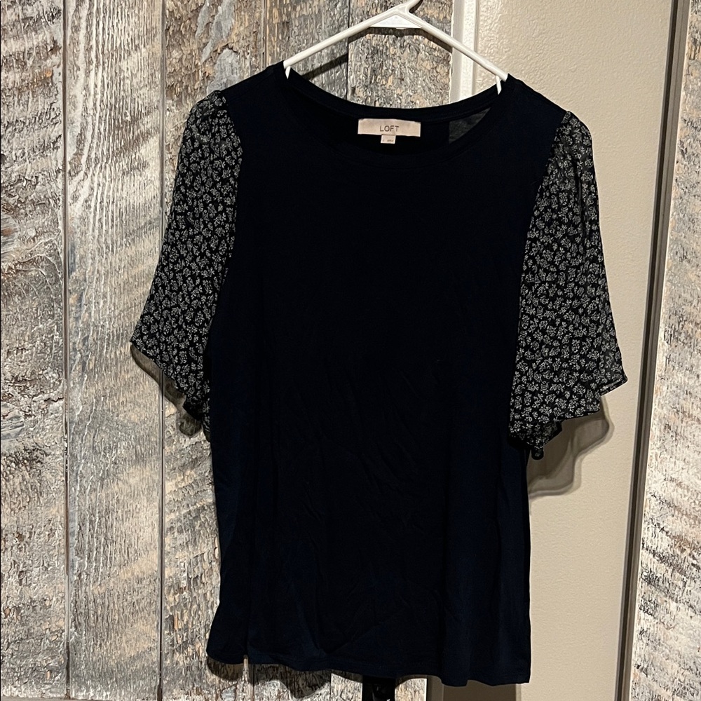 LOFT Navy Top with Black and White Floral flutter Sleeves